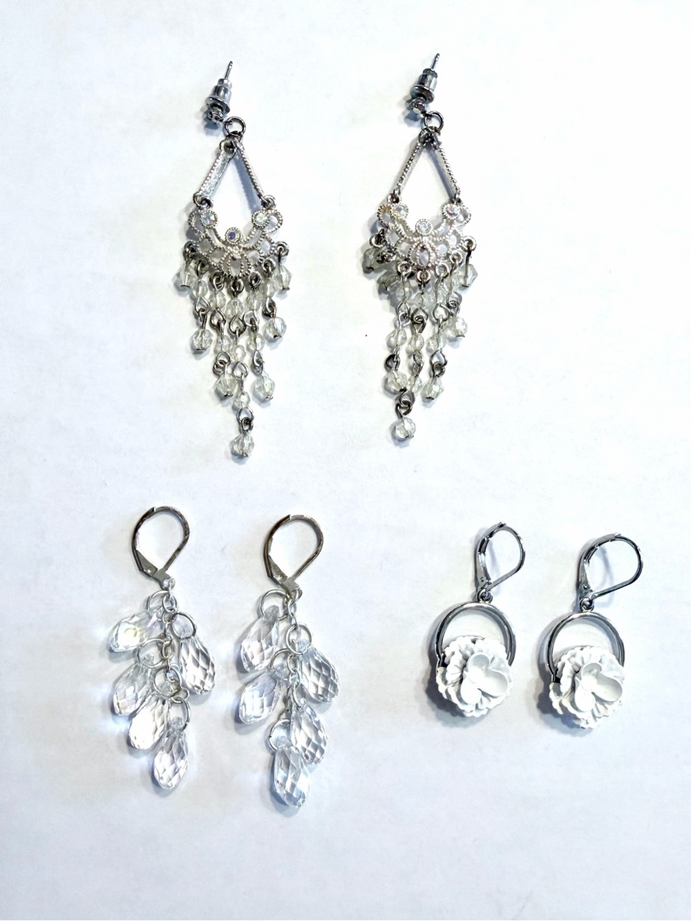 Silver Crystal Dangle Chandelier & flower Earrings - Pack of 3